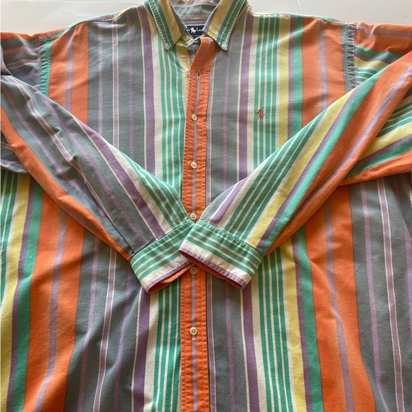 Vintage 80s Ralph Lauren Pastel Rainbow Stripe Cotton Long Sleeve Dress Shirt XL - Picture 11 of 16